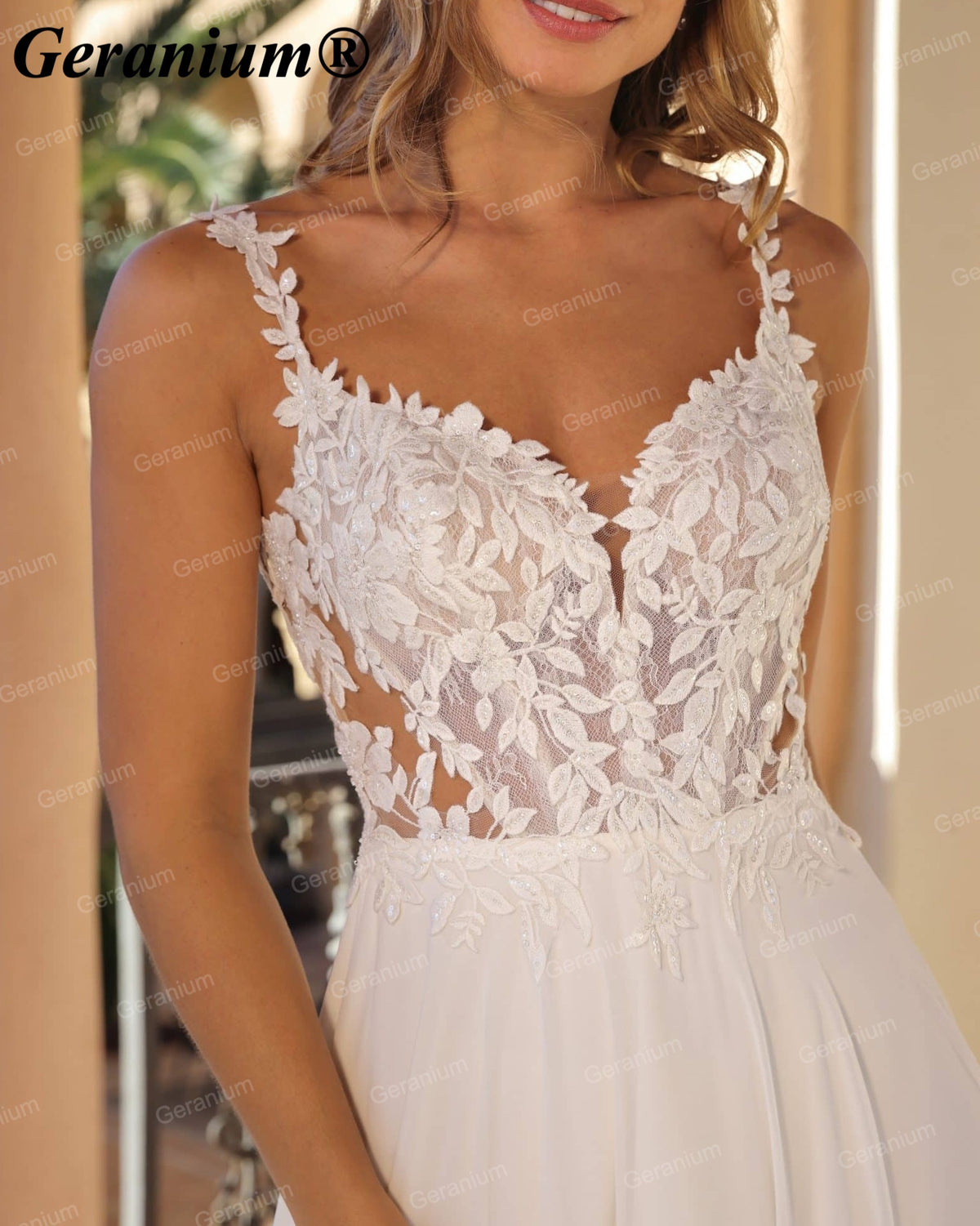 Geranium Plunging V-Neck Lace Chiffon A-Line Wedding Dress – GER86