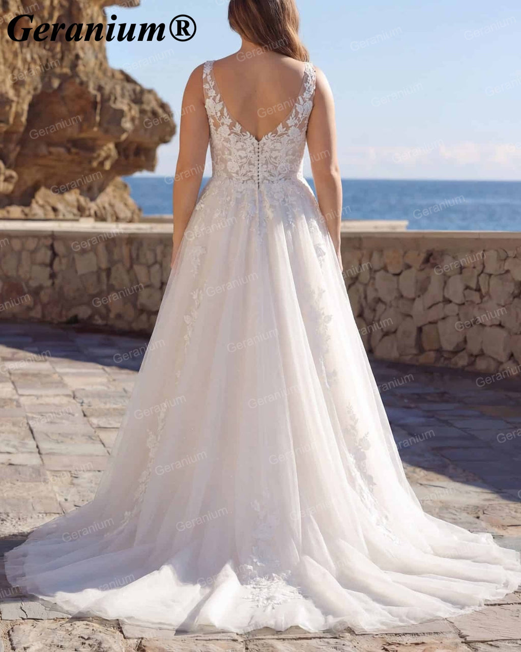 Geranium Plunging V-Neck Lace Tulle A-Line Wedding Dress – GER82