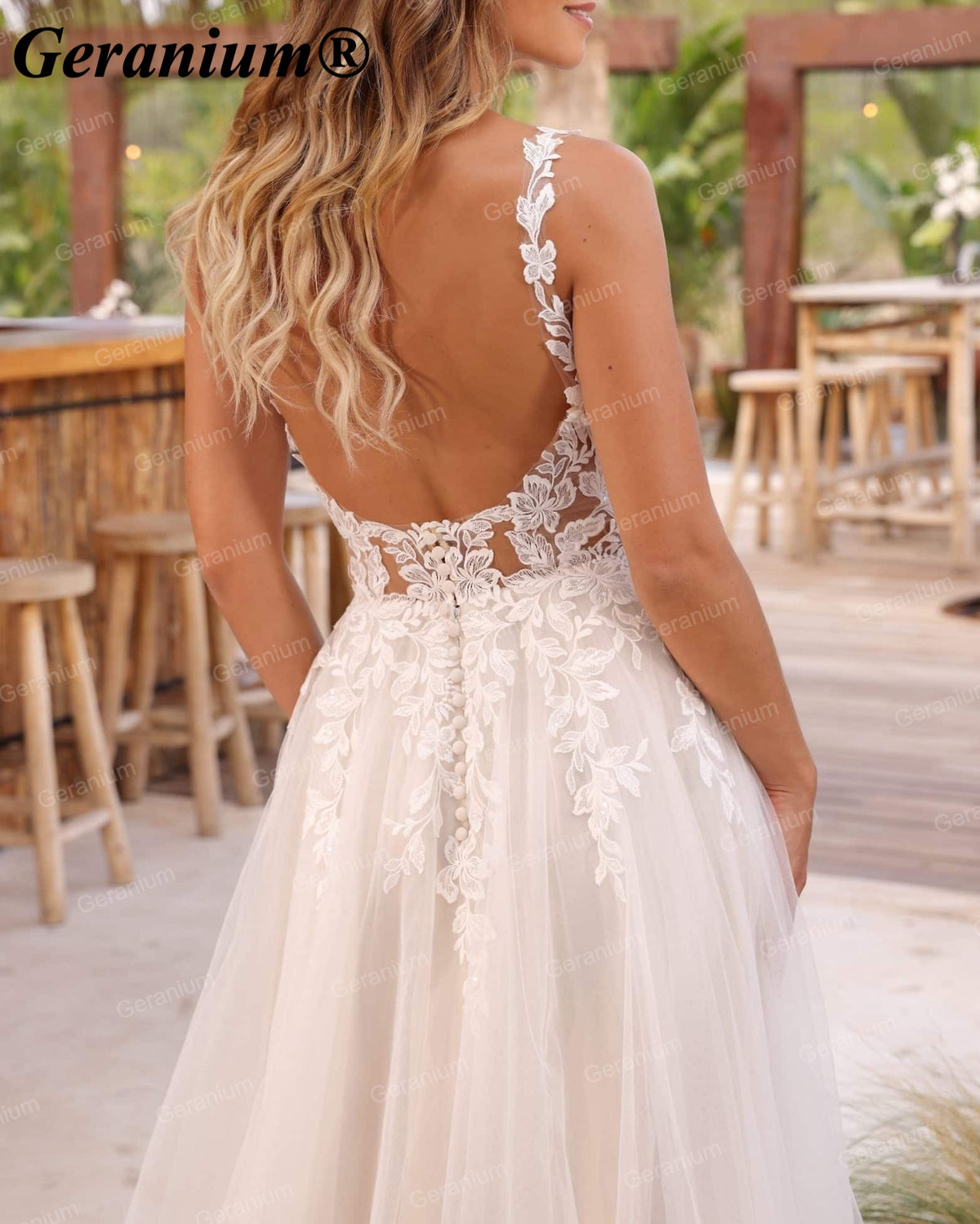 Geranium Plunging V-Neck Lace A-Line Wedding Dress with Slit – GER64