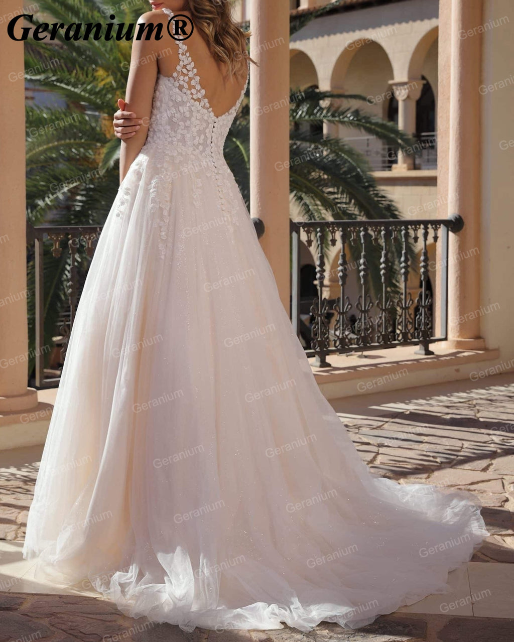 Geranium Deep V-Neck Lace A-Line Wedding Dress with V-Back – GER94