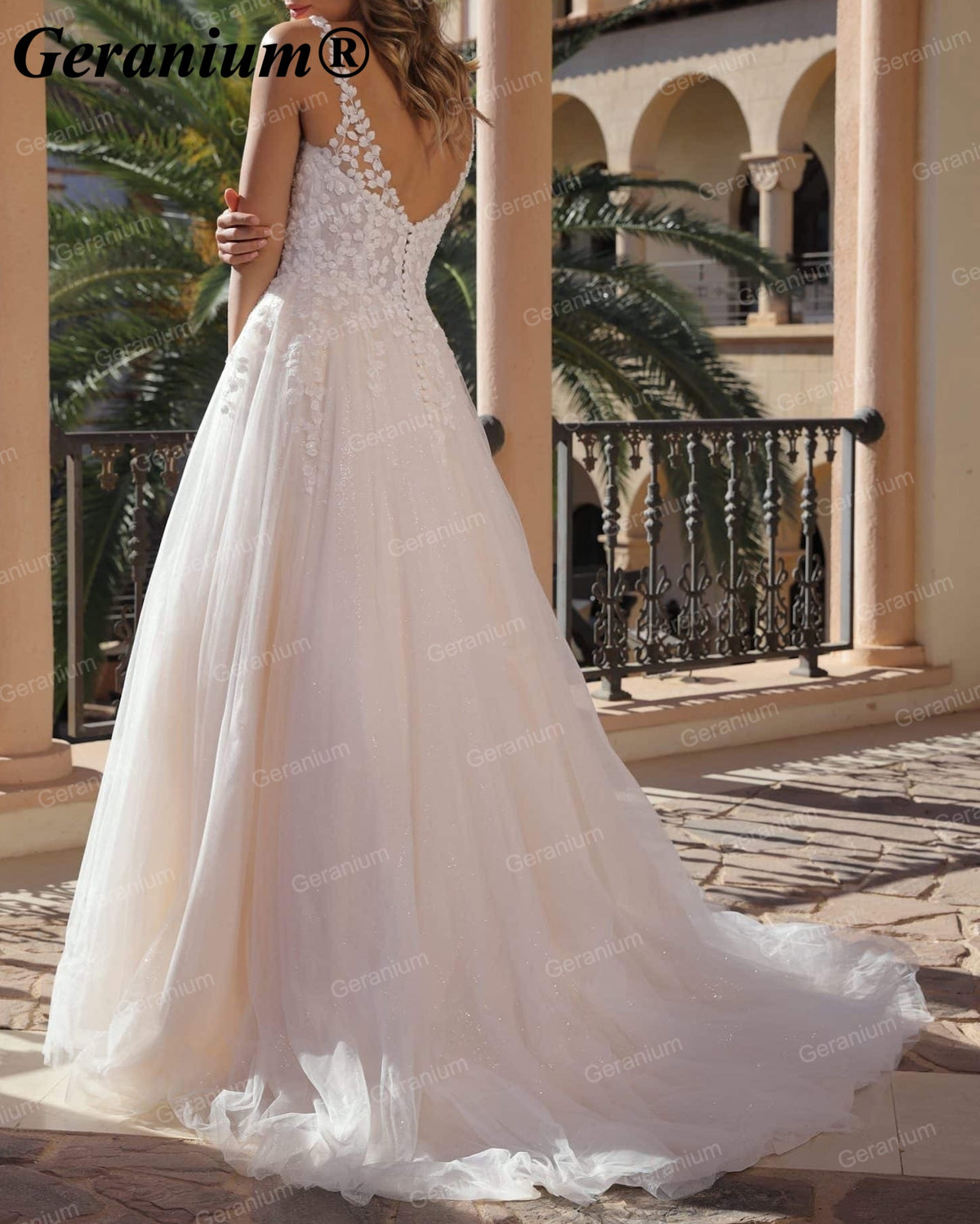 Geranium Deep V-Neck Lace A-Line Wedding Dress with V-Back – GER94
