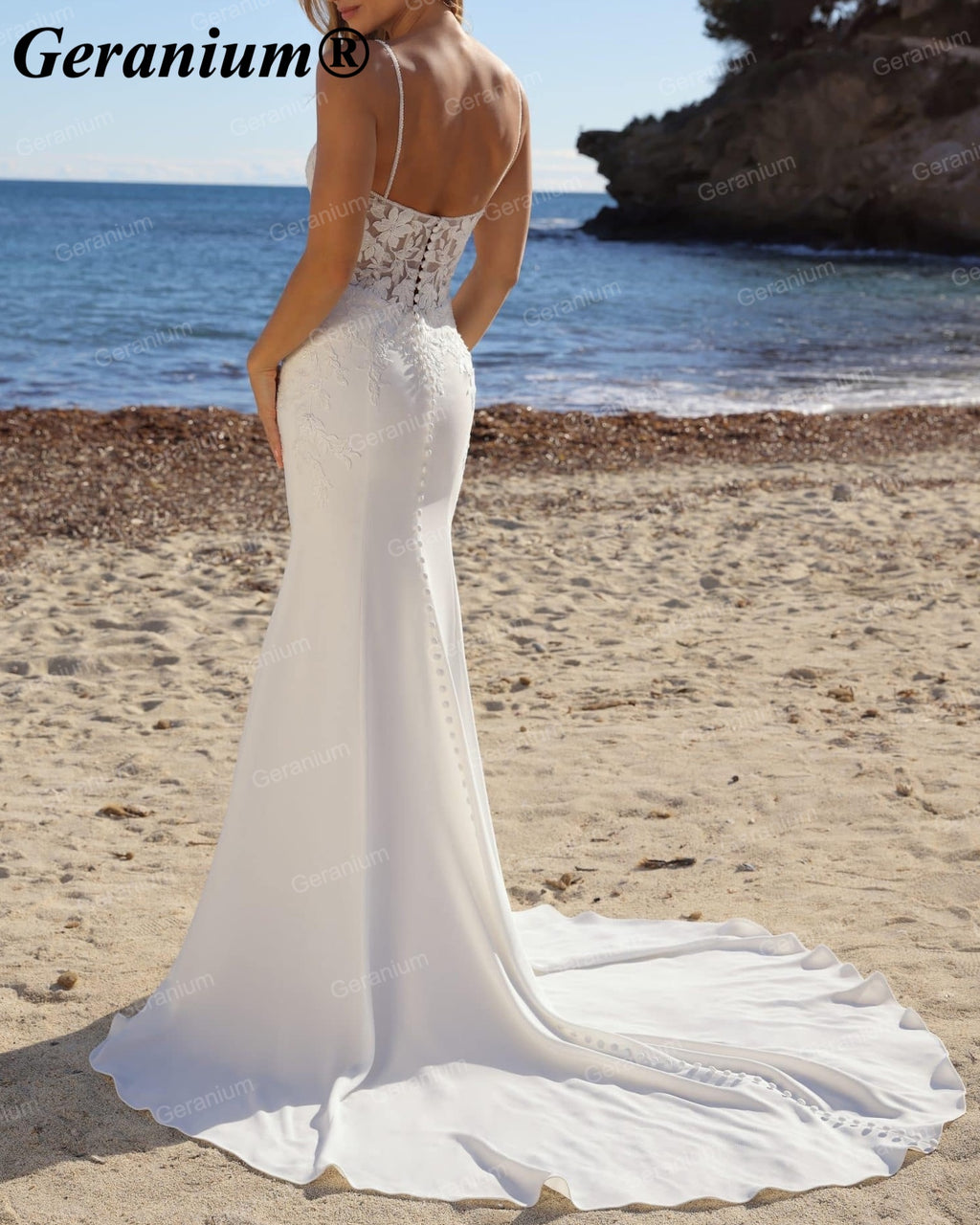 Geranium Deep V-Neck Lace Fit & Flare Wedding Dress with V-Back – GER92