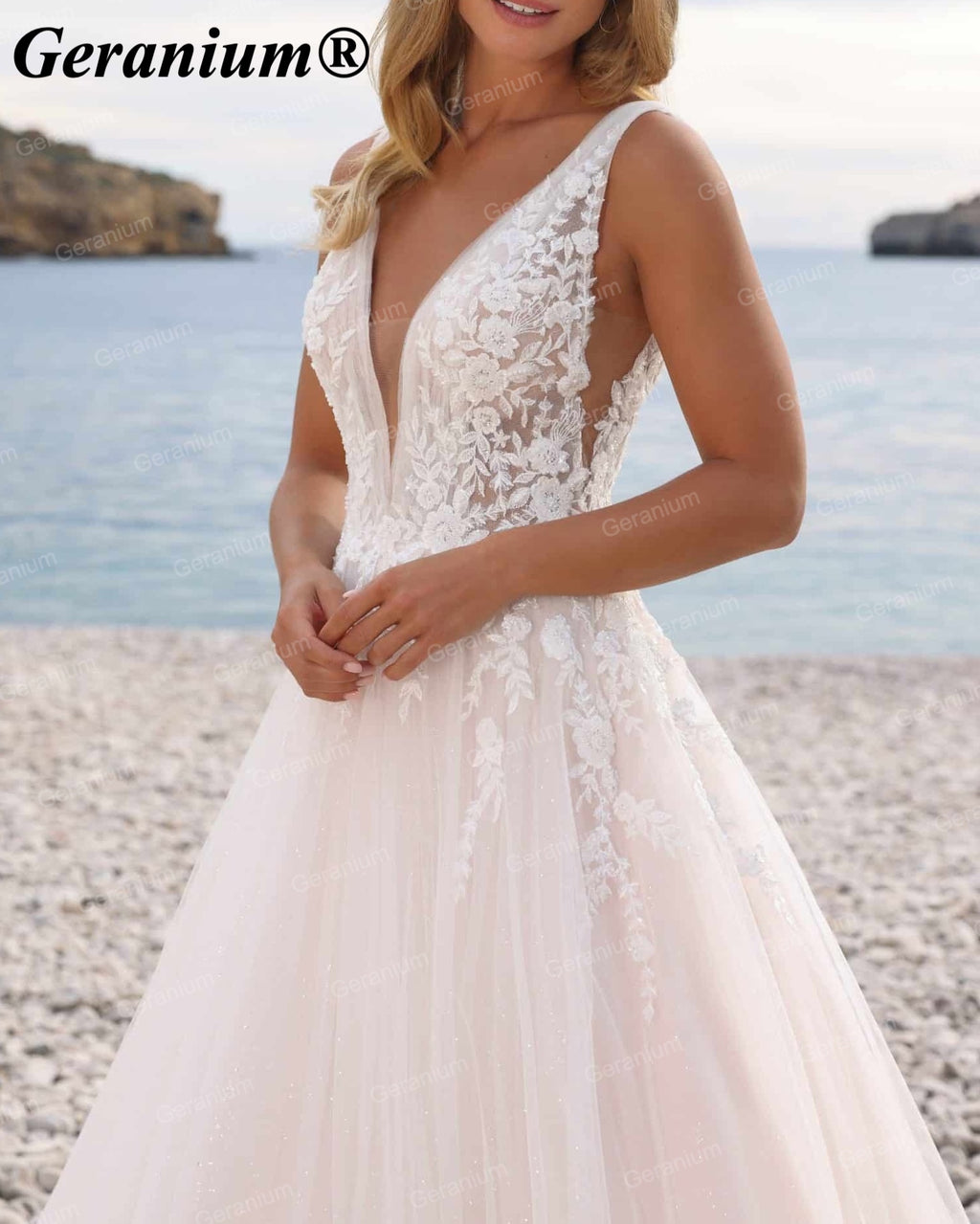 Geranium Plunging V-Neck Lace A-Line Wedding Dress – GER67