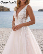 Geranium Plunging V-Neck Lace A-Line Wedding Dress – GER67