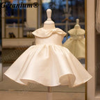 Geranium Elegant Satin Flower Girl Dress - Vintage Portrait Collar with Bow Gown - Ivory Toddler Party Dress KD-368