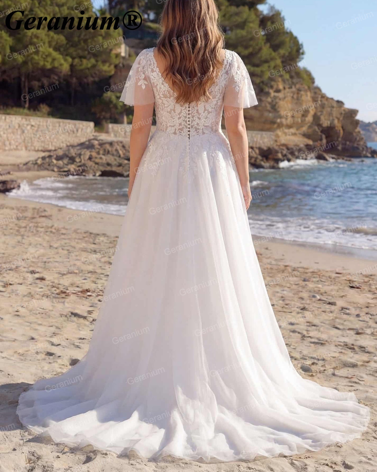 Geranium Plunging V-Neck Lace A-Line Wedding Dress – GER74 Immagine secondaria del prodotto