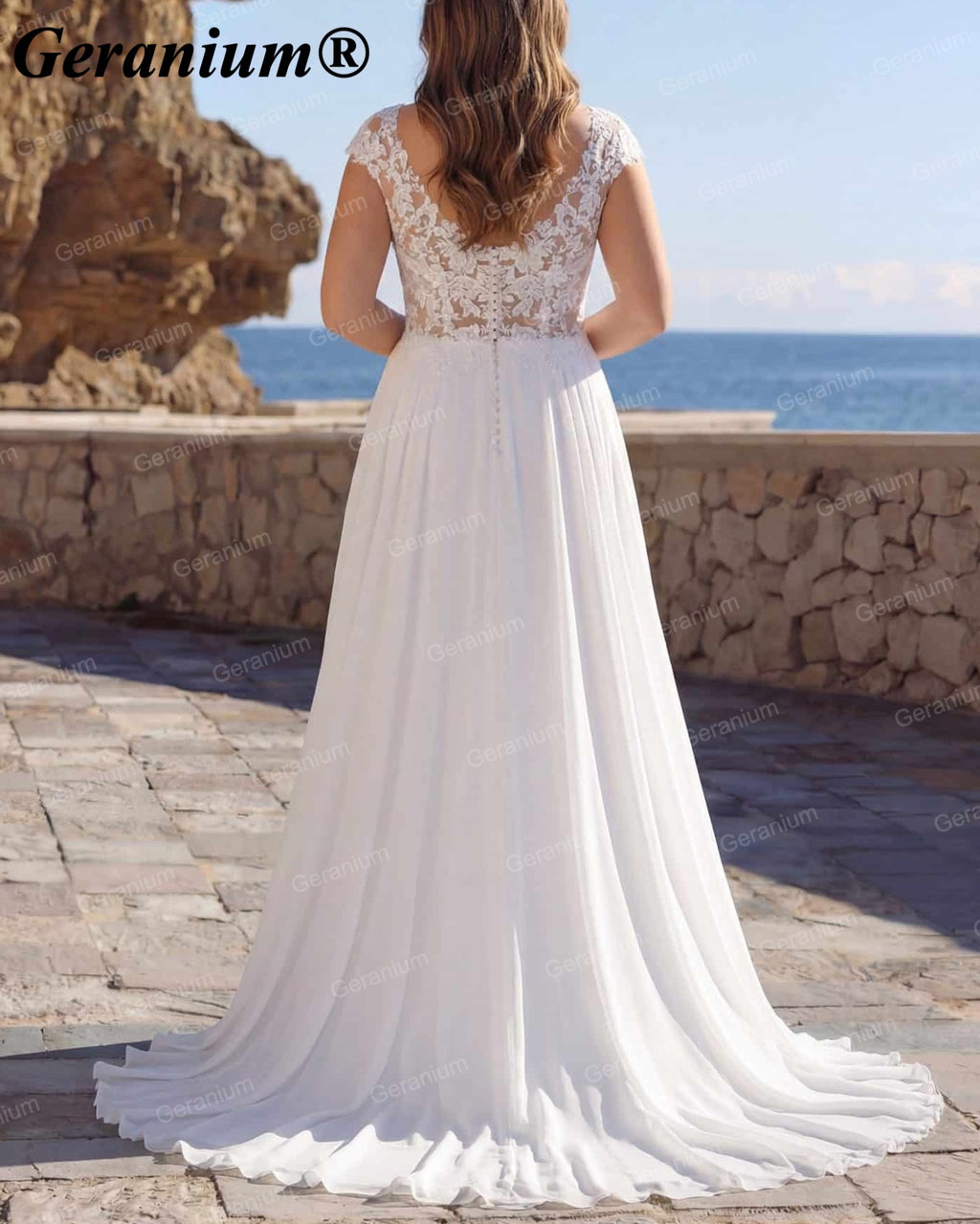 Geranium V-Neck Lace Chiffon A-Line Wedding Dress – GER71