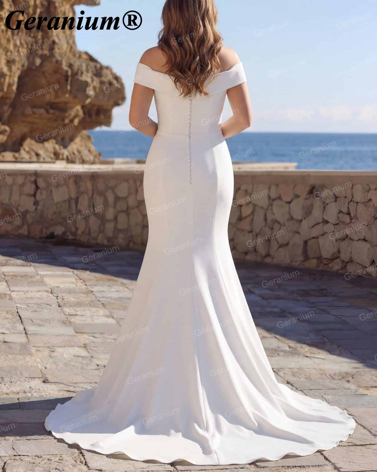 Geranium Off-the-Shoulder Crepe Mermaid Wedding Dress – GER80