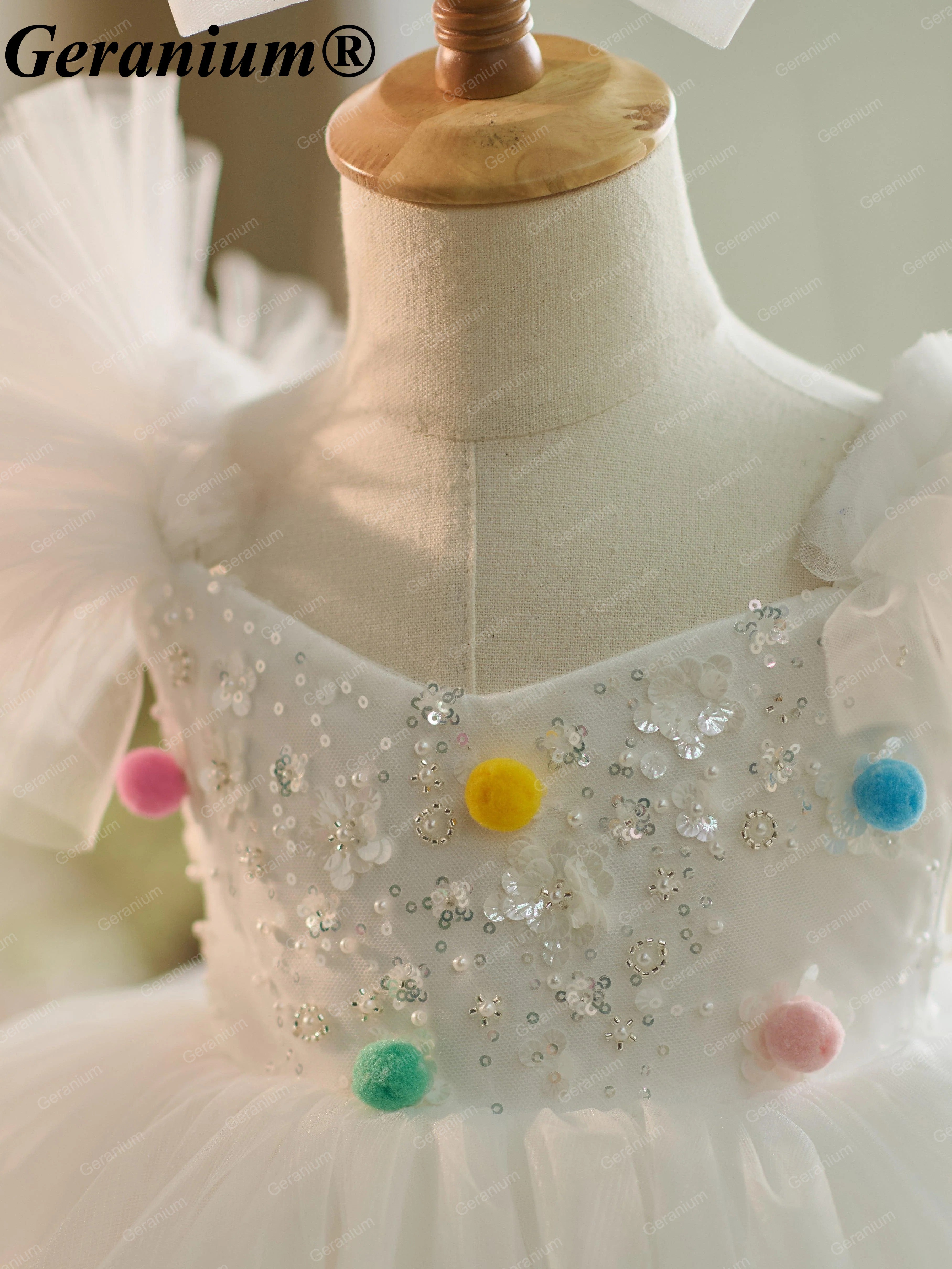 Geranium Toddler Girl Sparkly White Tulle Pom-Pom Party Dress - Sequin Birthday Gown & Flower Girl Outfit KD-31