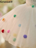 Geranium Toddler Girl Sparkly White Tulle Pom-Pom Party Dress - Sequin Birthday Gown & Flower Girl Outfit KD-31