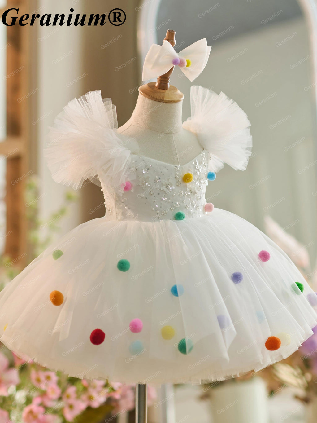 Geranium Toddler Girl Sparkly White Tulle Pom-Pom Party Dress - Sequin Birthday Gown & Flower Girl Outfit KD-31