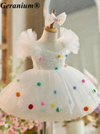 Geranium Toddler Girl Sparkly White Tulle Pom-Pom Party Dress - Sequin Birthday Gown & Flower Girl Outfit KD-31