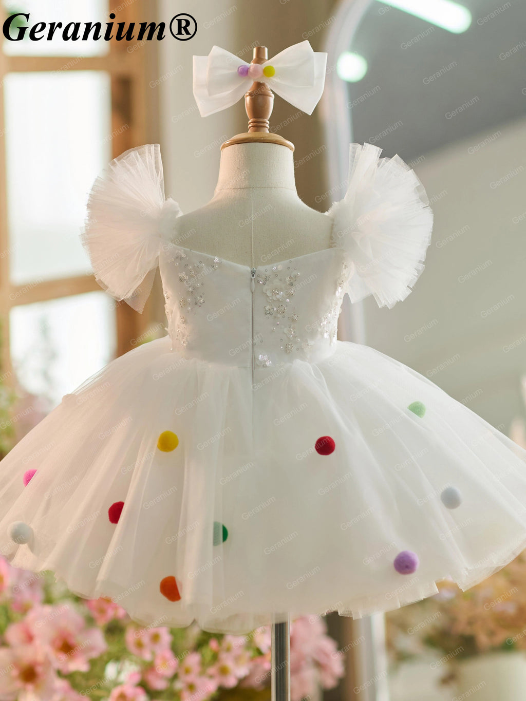 Geranium Toddler Girl Sparkly White Tulle Pom-Pom Party Dress - Sequin Birthday Gown & Flower Girl Outfit KD-31