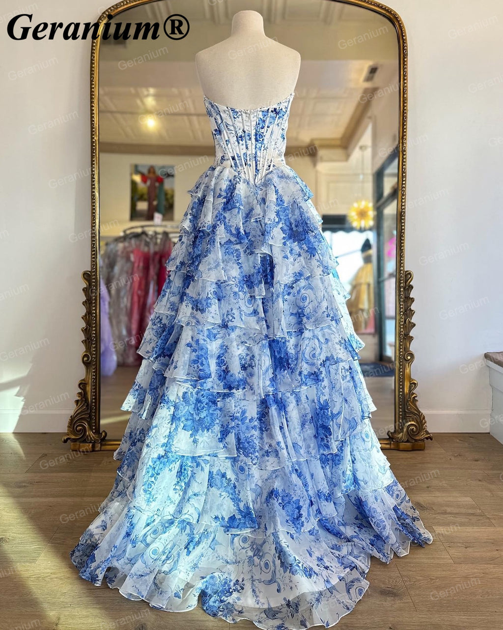 Geranium Blue Floral Strapless Corset Ball Gown – GER686P