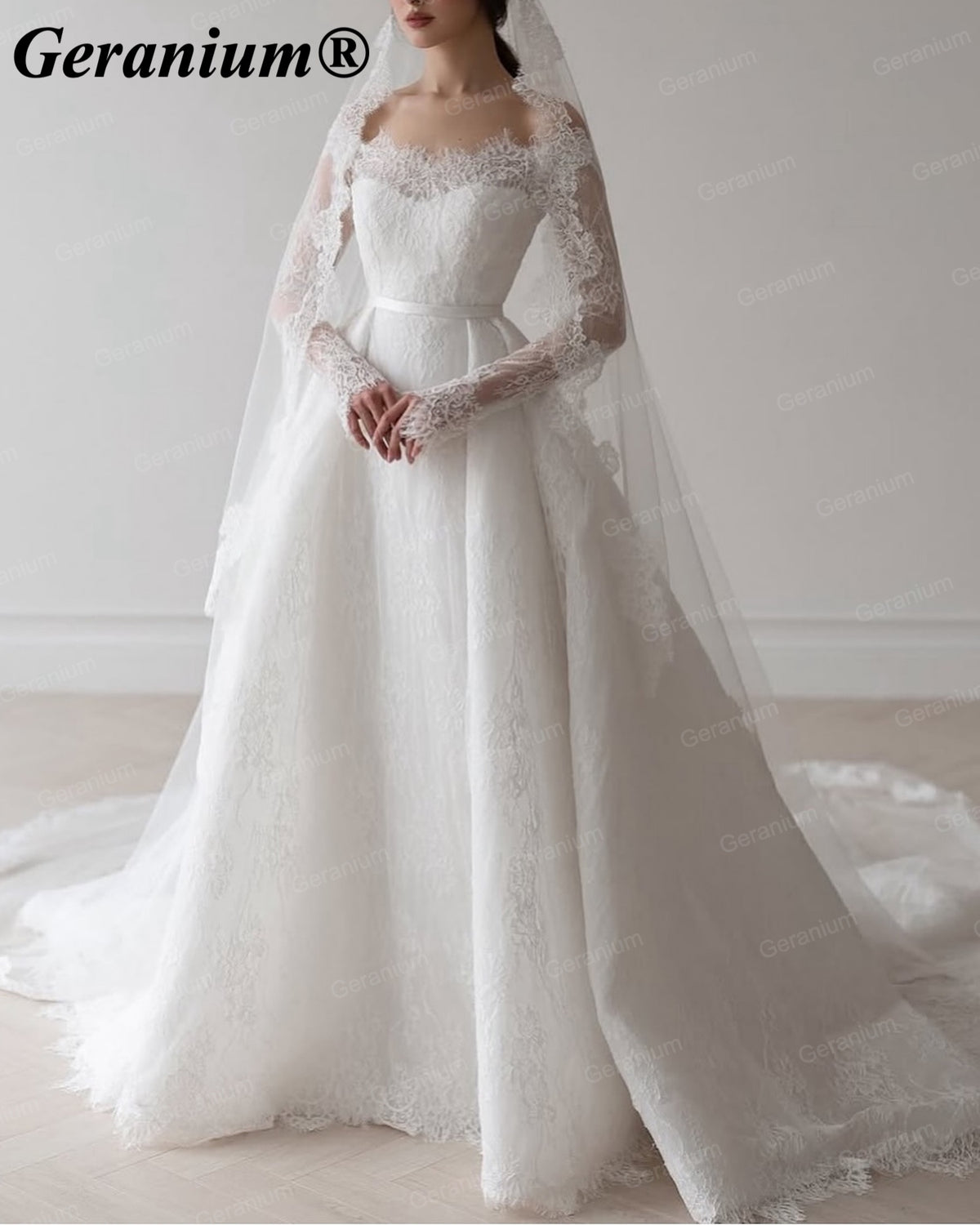 Geranium Off-the-Shoulder Long Sleeve Lace A-Line Wedding Dress – GER2