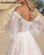 Geranium Sweetheart Lace A-Line Wedding Dress with Off-Shoulder Puff Sleeves – GER108