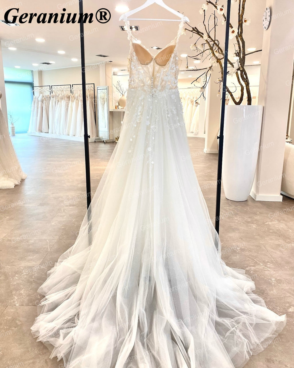 Geranium 3D Floral Plunging V-Neck A-Line Wedding Dress – GER33