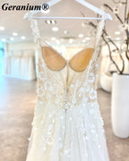 Geranium 3D Floral Plunging V-Neck A-Line Wedding Dress – GER33