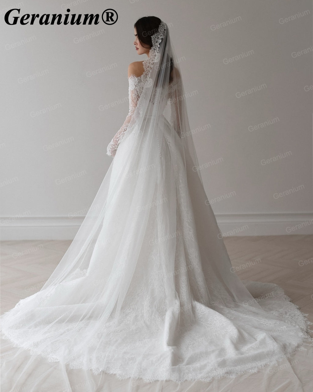 Geranium Off-the-Shoulder Long Sleeve Lace A-Line Wedding Dress – GER2