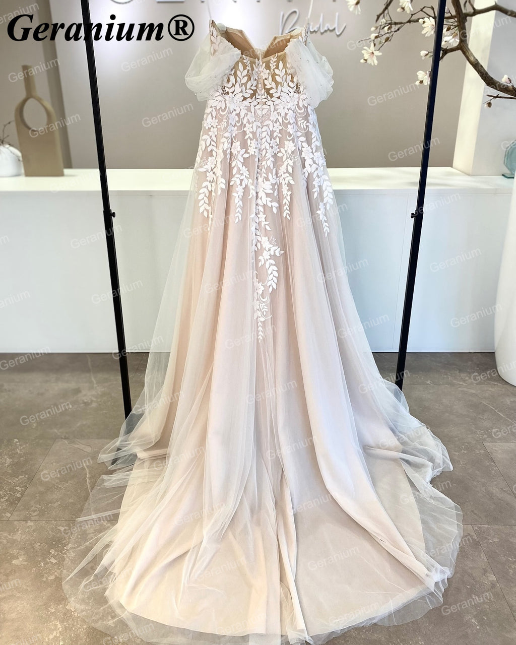 Geranium Plunging V-Neck Lace A-Line Wedding Dress with Puff Sleeves – GER32
