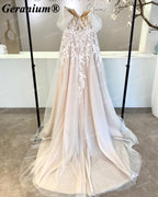 Geranium Plunging V-Neck Lace A-Line Wedding Dress with Puff Sleeves – GER32