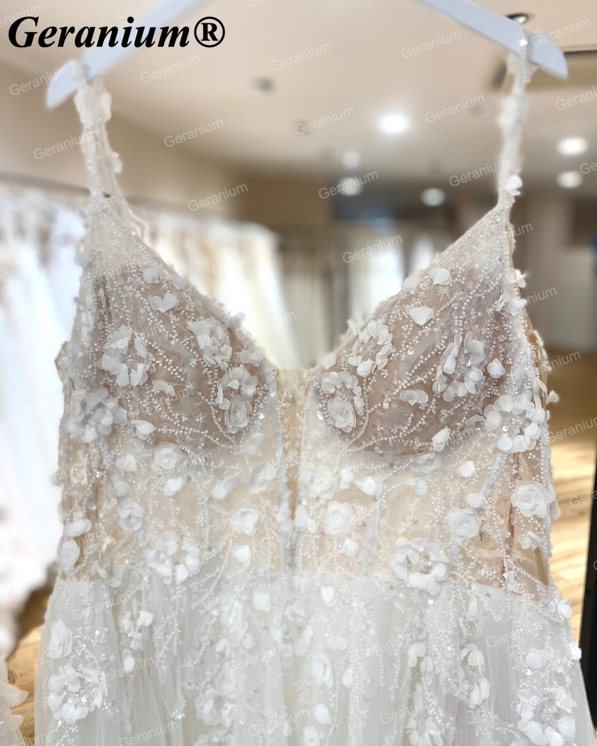 Geranium 3D Floral Plunging V-Neck A-Line Wedding Dress – GER33