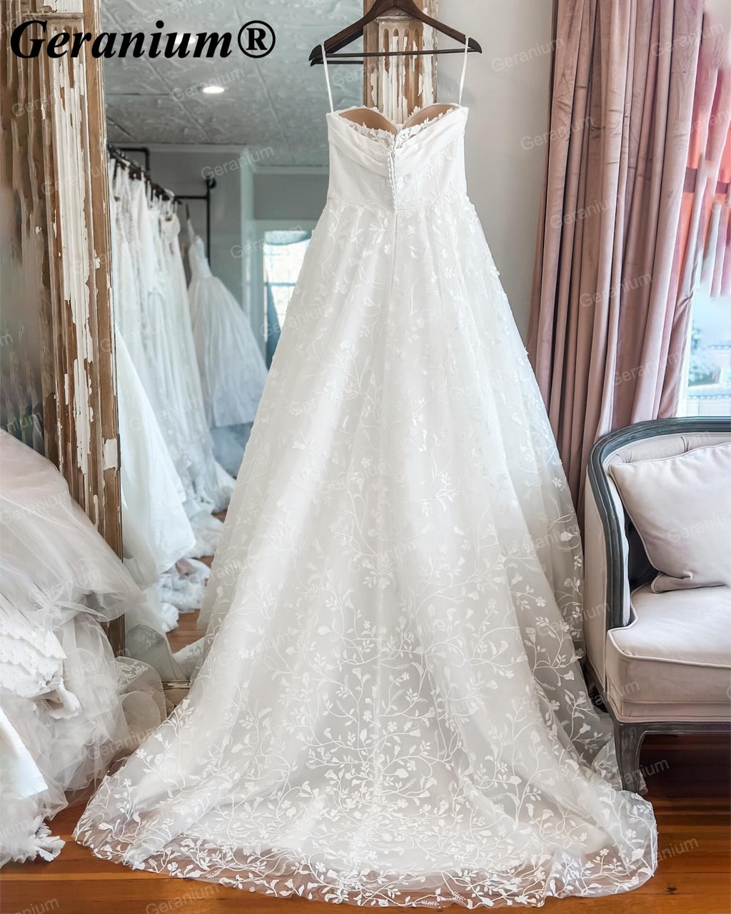 Geranium Strapless Floral Lace A-Line Wedding Dress with Chapel Train – GER34