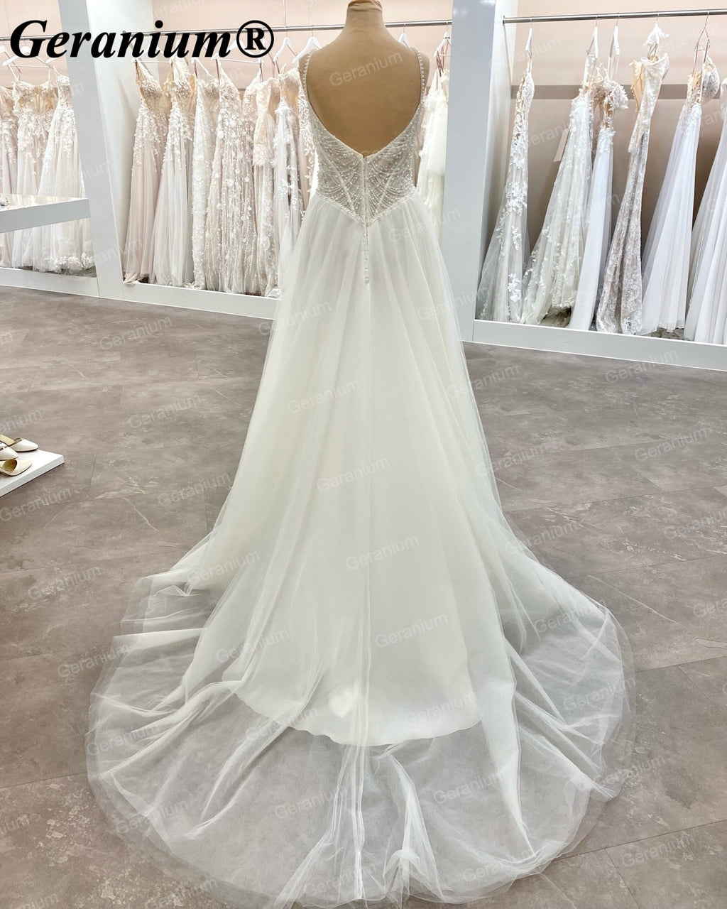 Geranium Pearl Beaded Corset Ball Gown Wedding Dress with Spaghetti Straps – GER102