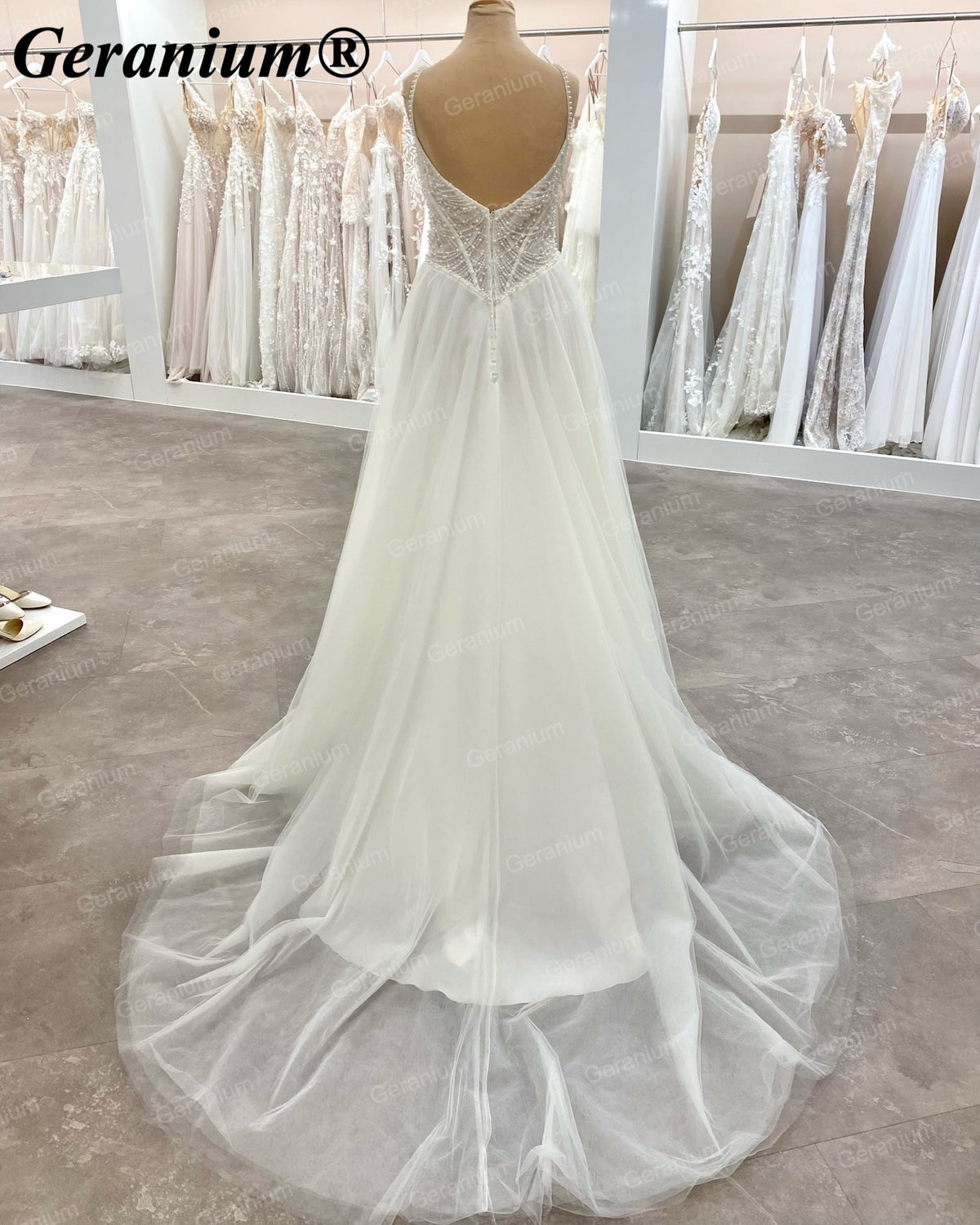 Geranium Pearl Beaded Corset Ball Gown Wedding Dress with Spaghetti Straps – GER102