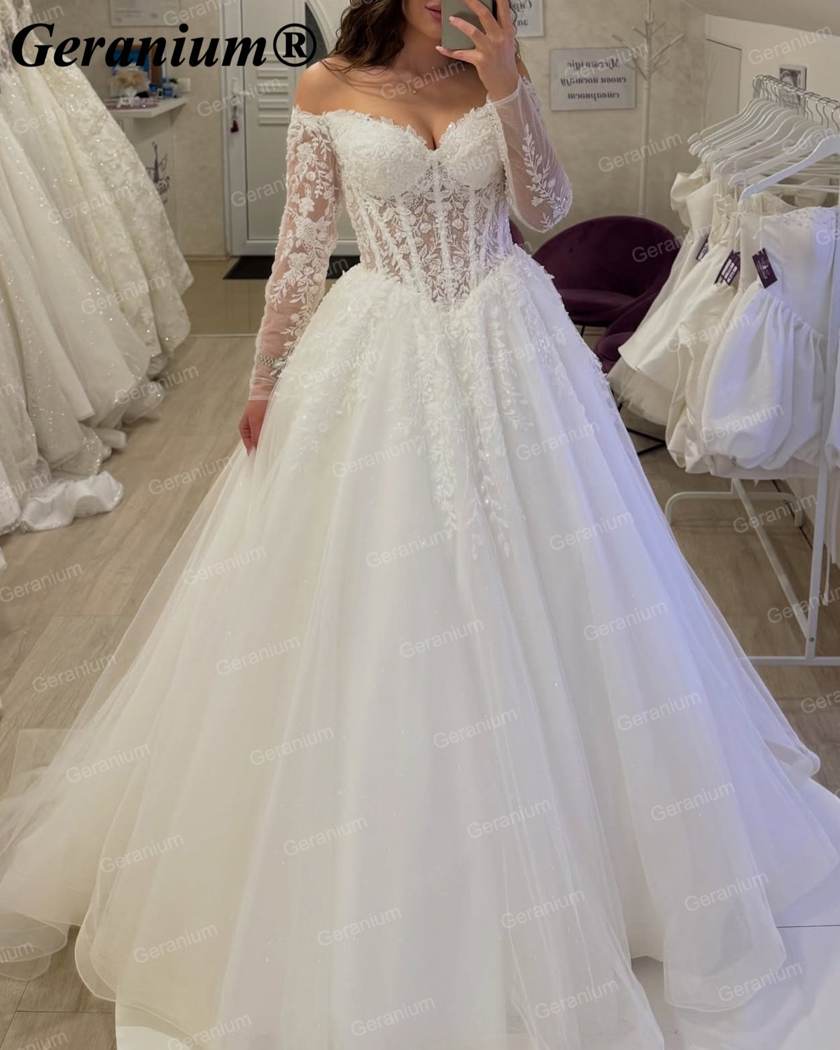 Geranium Off-the-Shoulder Lace Long Sleeve Ball Gown Wedding Dress – GER45