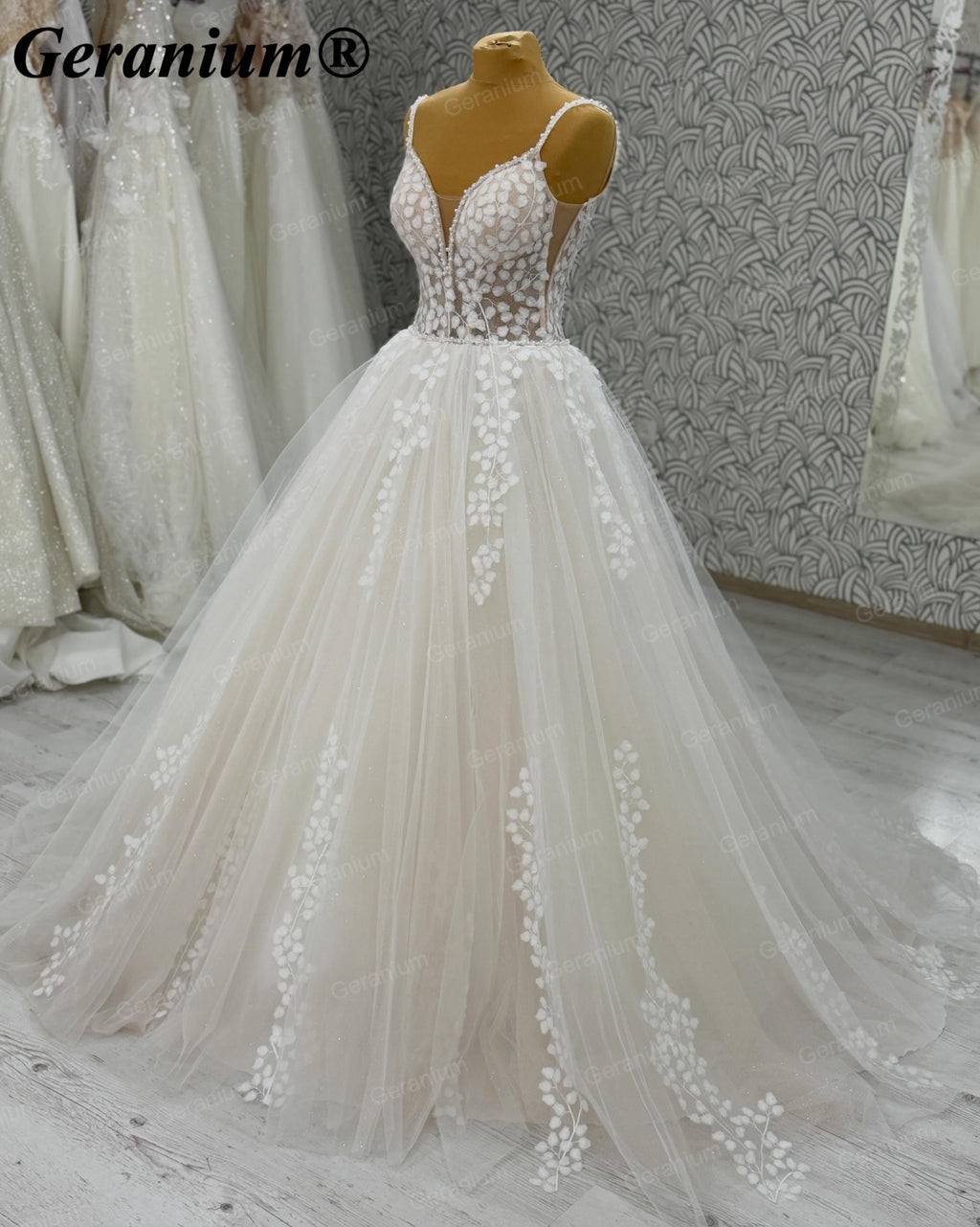 Geranium Plunging V-Neck Lace Ball Gown Wedding Dress – GER9