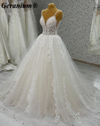 Geranium Plunging V-Neck Lace Ball Gown Wedding Dress – GER9