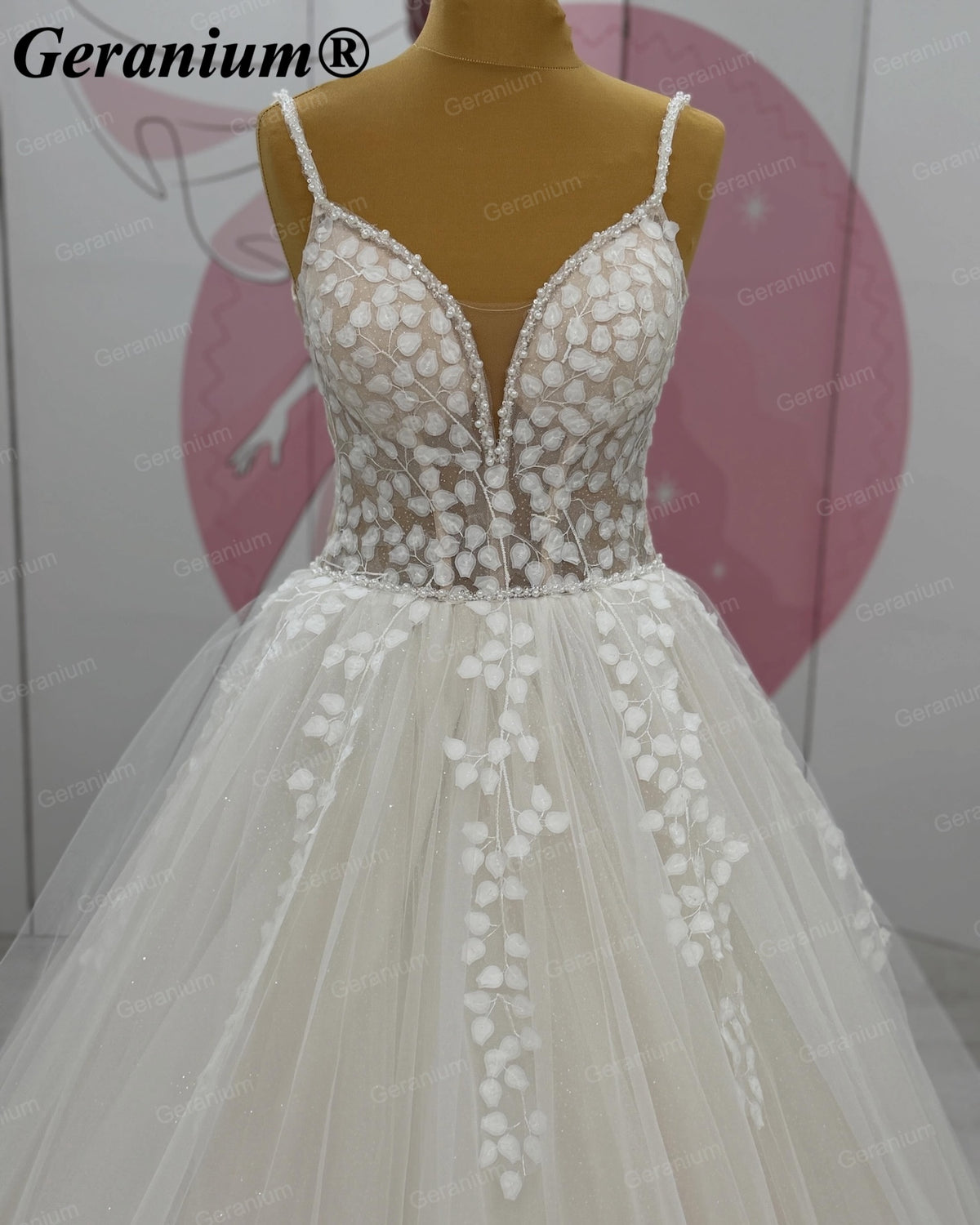 Geranium Plunging V-Neck Lace Ball Gown Wedding Dress – GER9