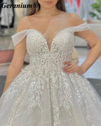 Geranium Off-the-Shoulder Beaded Ball Gown Wedding Dress – GER16
