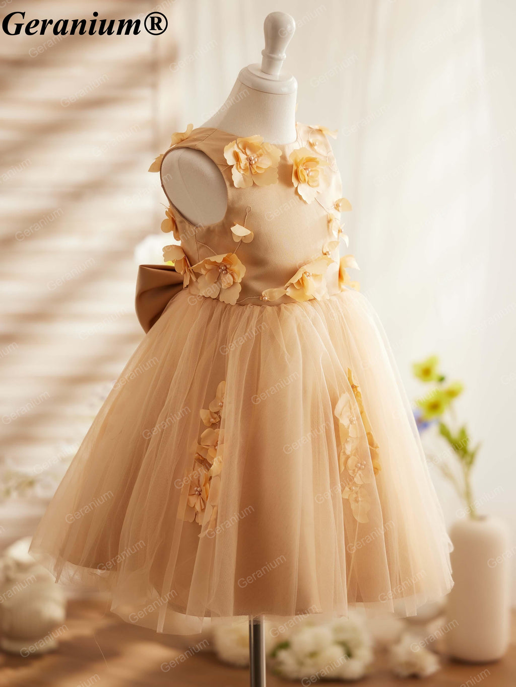 Geranium Toddler Girl Champagne Gold 3D Floral Tulle Dress - Elegant Flower Girl Wedding Party Gown with Back Bow KD-27