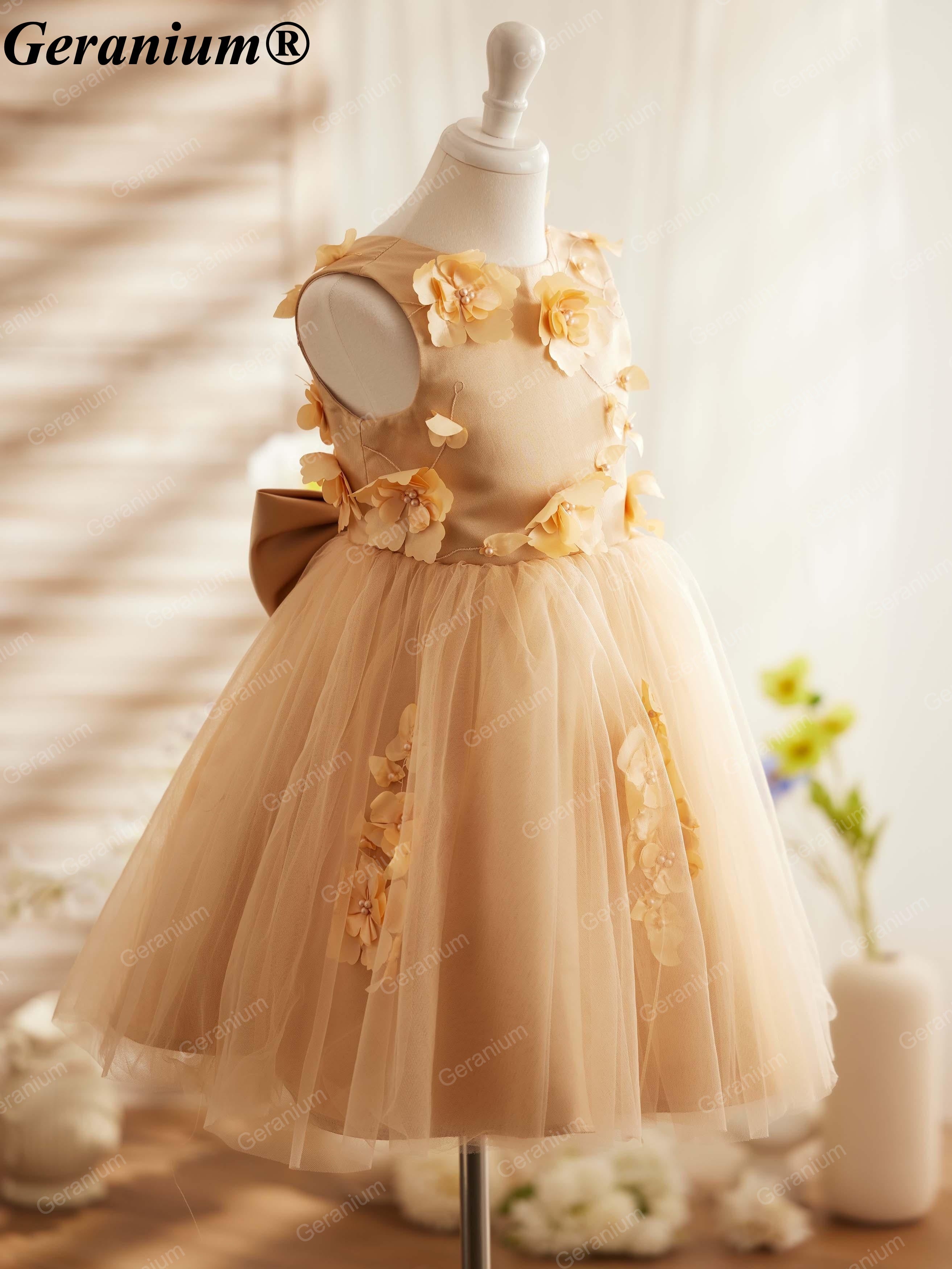 Geranium Toddler Girl Champagne Gold 3D Floral Tulle Dress - Elegant Flower Girl Wedding Party Gown with Back Bow KD-27