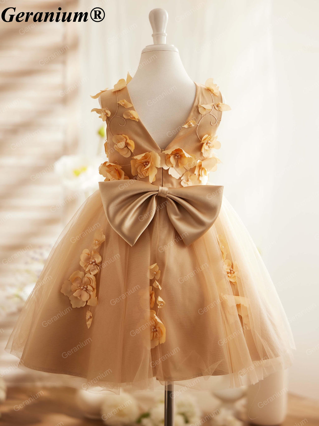 Geranium Toddler Girl Champagne Gold 3D Floral Tulle Dress - Elegant Flower Girl Wedding Party Gown with Back Bow KD-27