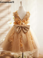 Geranium Toddler Girl Champagne Gold 3D Floral Tulle Dress - Elegant Flower Girl Wedding Party Gown with Back Bow KD-27