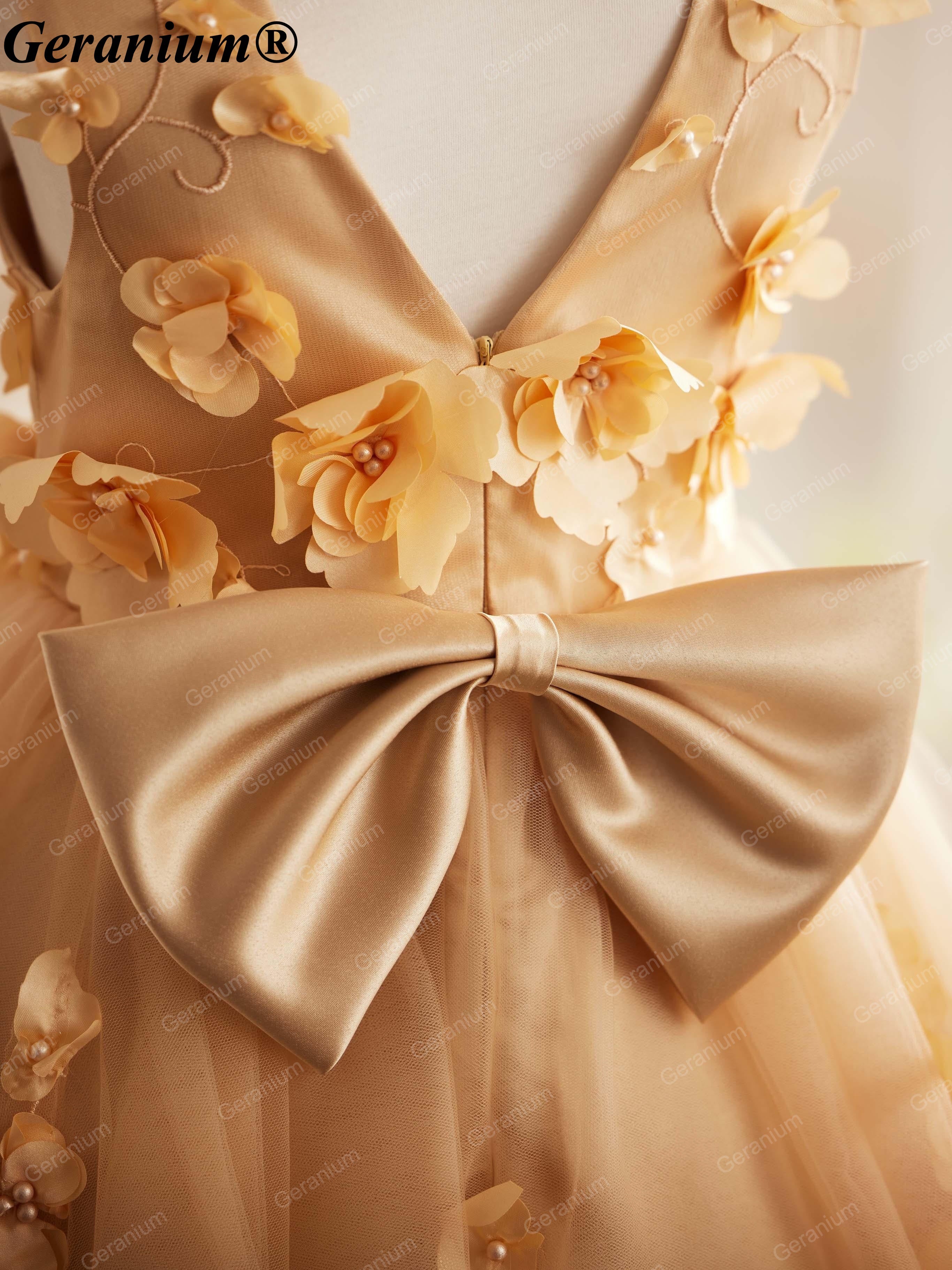 Geranium Toddler Girl Champagne Gold 3D Floral Tulle Dress - Elegant Flower Girl Wedding Party Gown with Back Bow KD-27