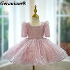 Geranium Sparkling Dusty Rose Sequin Toddler Party Dress - Heuloria Princess Tutu with Puff Sleeves KD-32