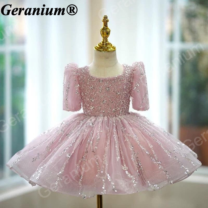 Geranium Sparkling Dusty Rose Sequin Toddler Party Dress - Heuloria Princess Tutu with Puff Sleeves KD-32