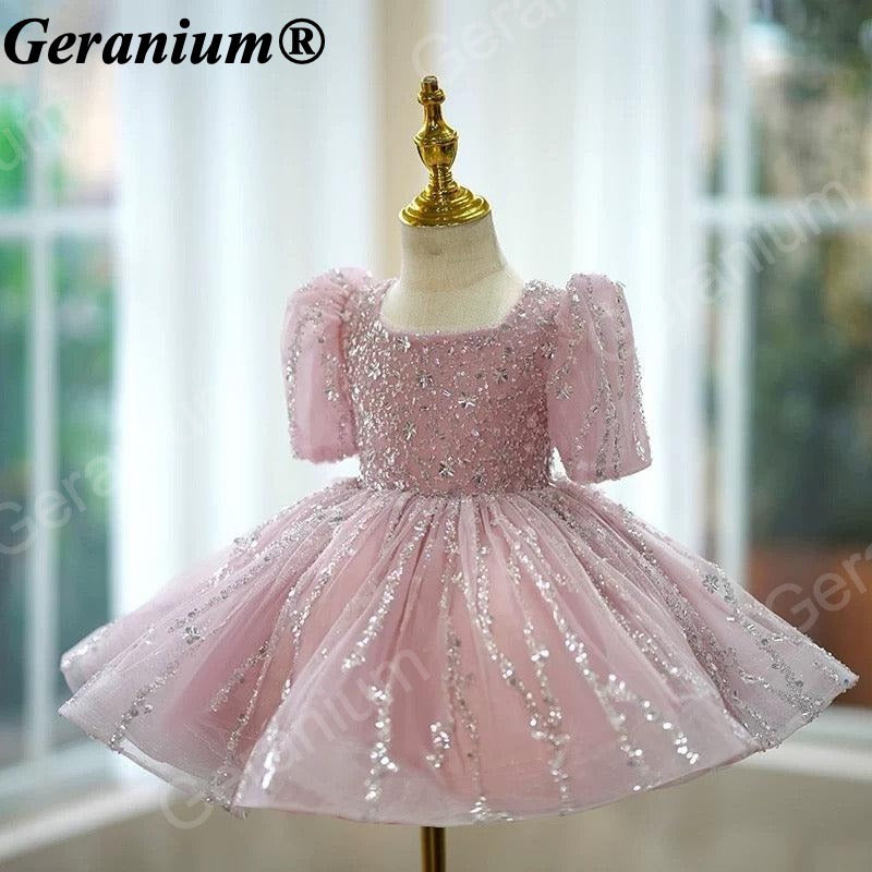 Geranium Sparkling Dusty Rose Sequin Toddler Party Dress - Heuloria Princess Tutu with Puff Sleeves KD-32