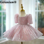 Geranium Sparkling Dusty Rose Sequin Toddler Party Dress - Heuloria Princess Tutu with Puff Sleeves KD-32