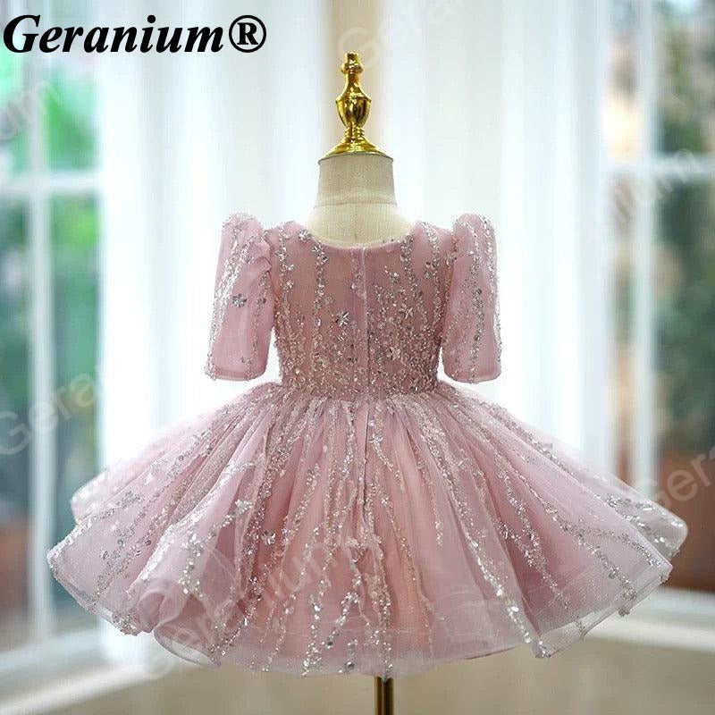Geranium Sparkling Dusty Rose Sequin Toddler Party Dress - Heuloria Princess Tutu with Puff Sleeves KD-32