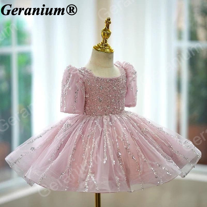 Geranium Sparkling Dusty Rose Sequin Toddler Party Dress - Heuloria Princess Tutu with Puff Sleeves KD-32