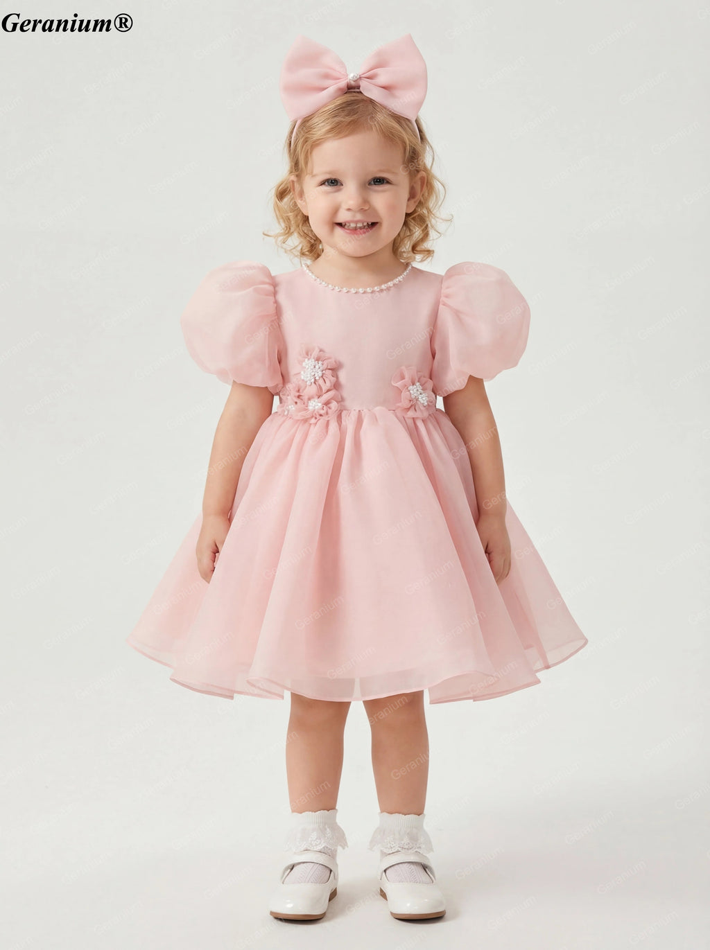 Geranium Elegant Blush Pink Puff Sleeve Baby Girl Dress - 3D Floral Appliques & Large Back Bow - Perfect for 1st Birthday, Weddings & Parties KD-364