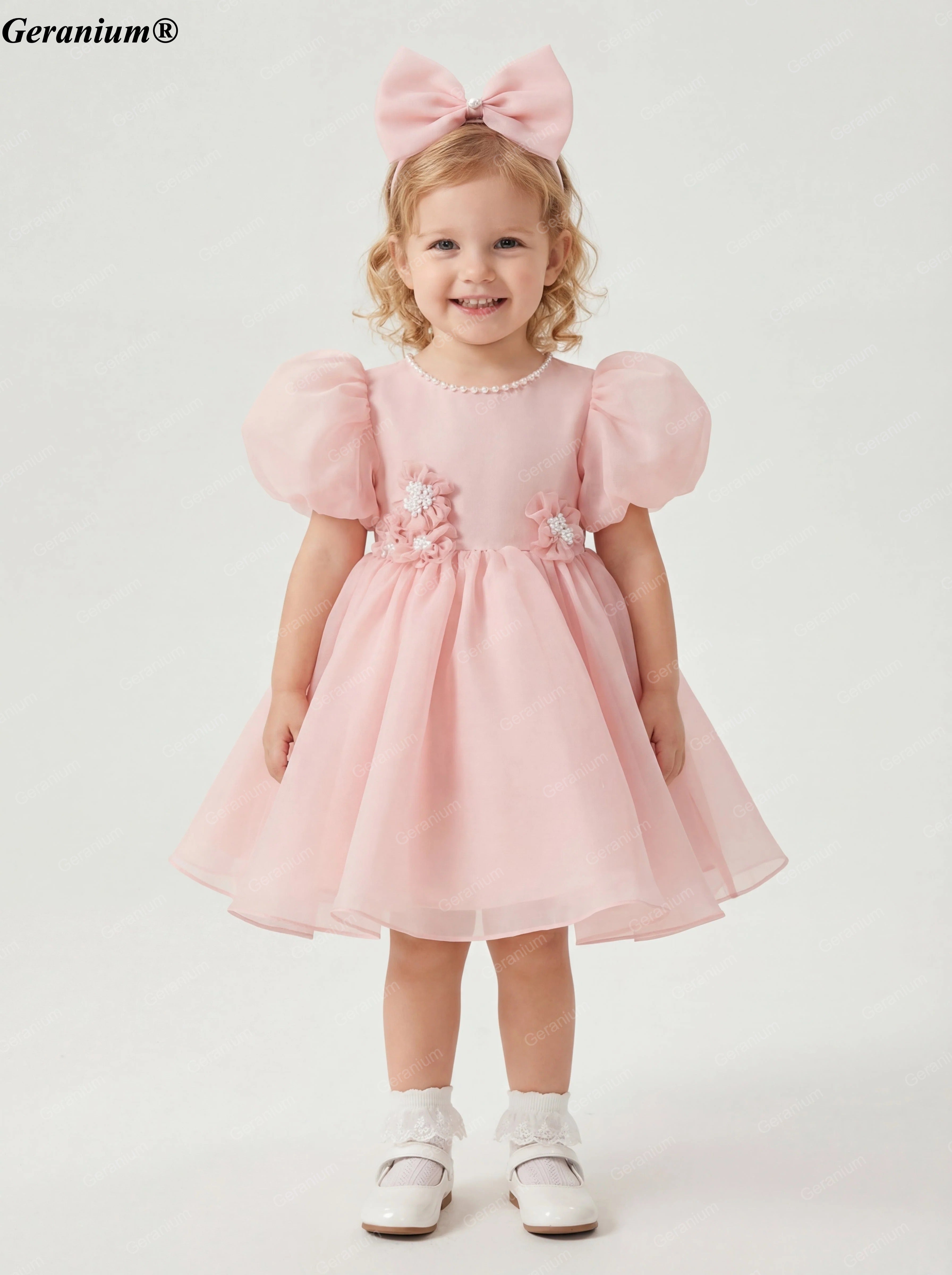 Geranium Elegant Blush Pink Puff Sleeve Baby Girl Dress - 3D Floral Appliques & Large Back Bow - Perfect for 1st Birthday, Weddings & Parties KD-364