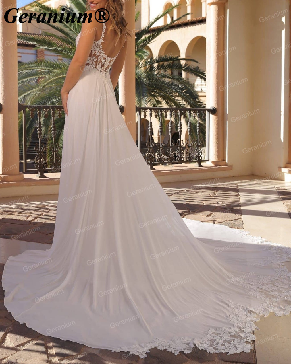 Geranium Plunging V-Neck Lace Chiffon A-Line Wedding Dress – GER86