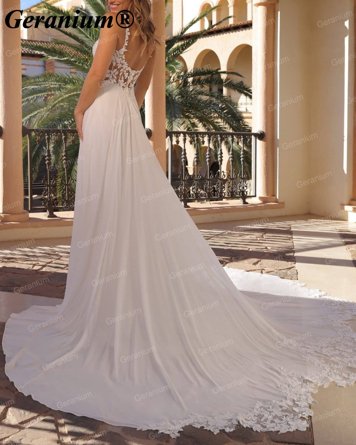 Geranium Plunging V-Neck Lace Chiffon A-Line Wedding Dress – GER86