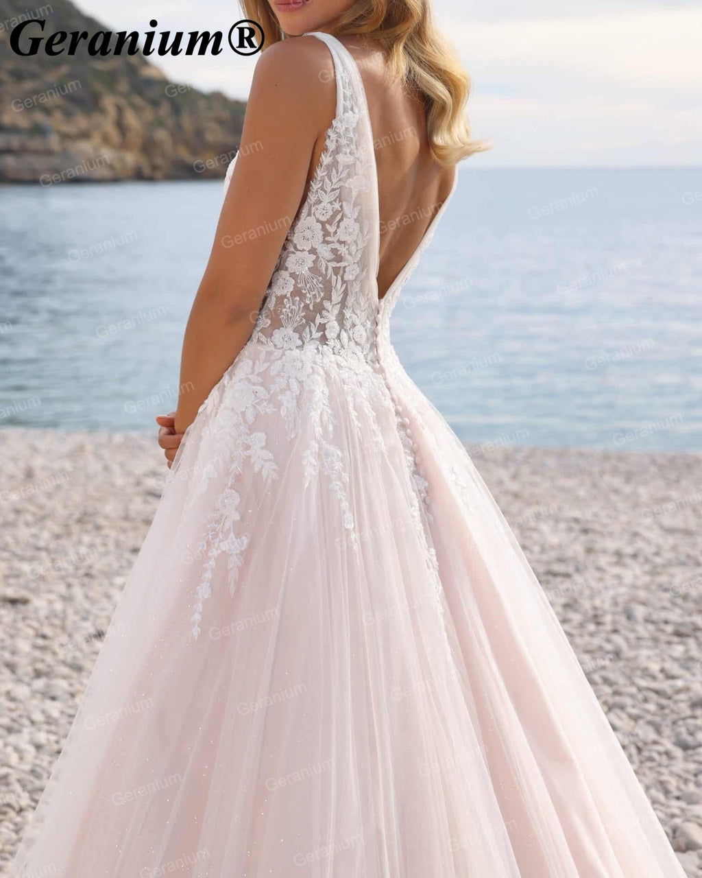 Geranium Plunging V-Neck Lace A-Line Wedding Dress – GER67